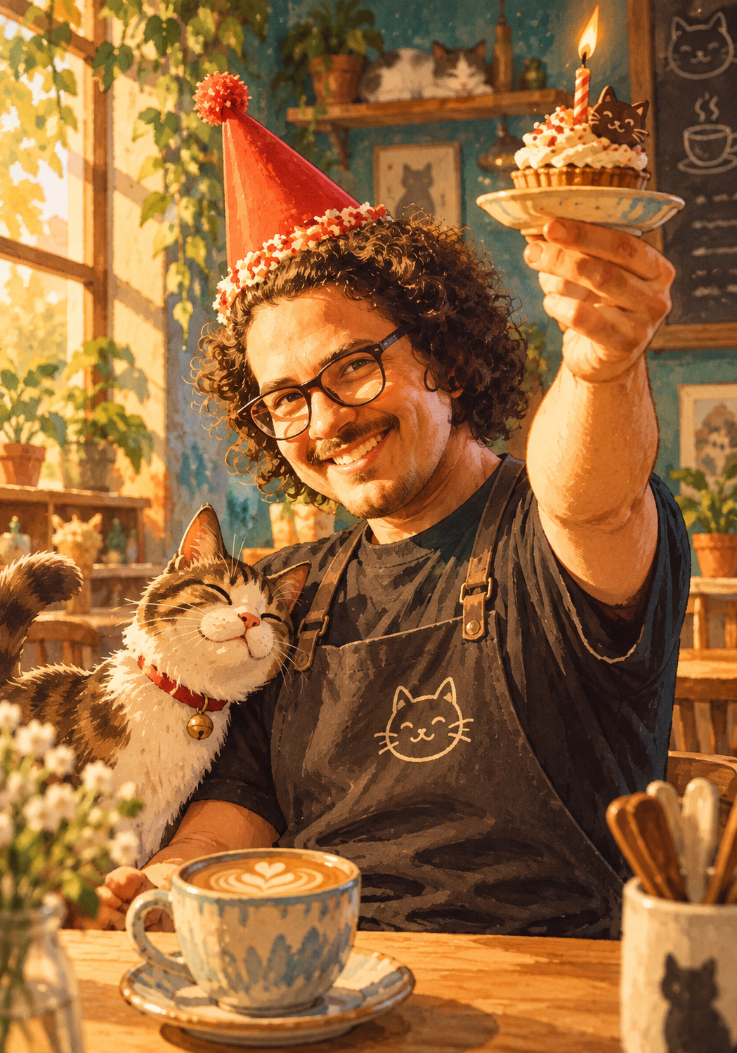 El gato mesero celebra su cumpleaños con un pastel, café y un michi, en una ilustración cálida de Clowder.